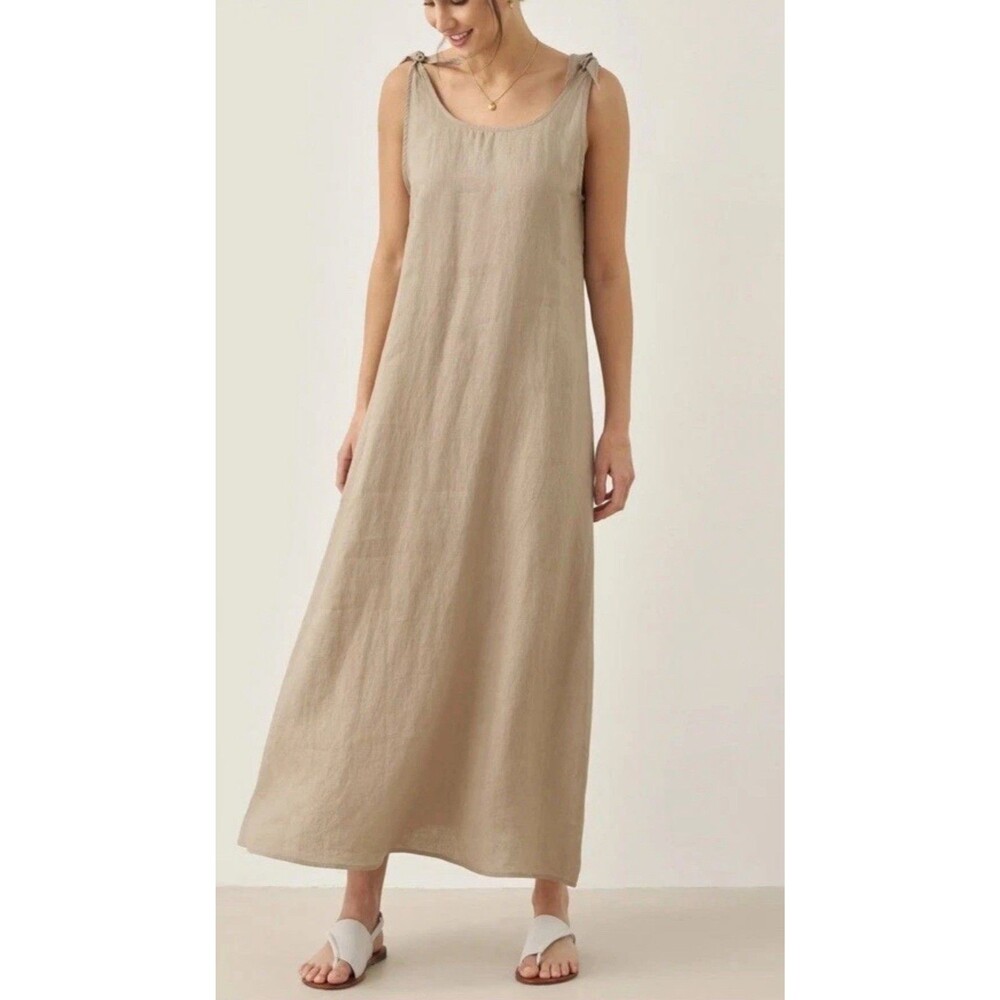 LINTICO 100% Beige Linen Shoulder-tie Dress A-Line Sleeveless Small Beach Boho